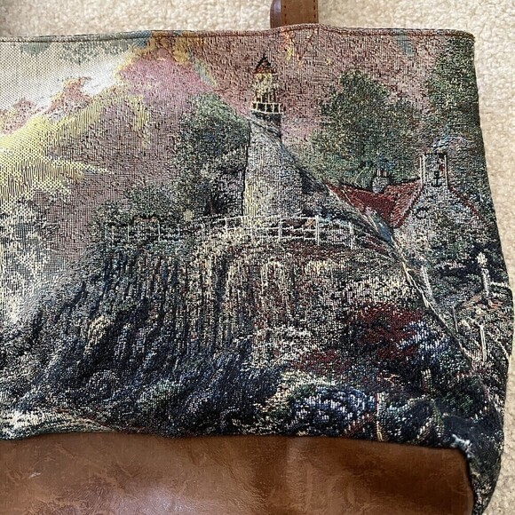 Thomas Kinkade Lighthouse Tapestry Tote Vegan Faux Leather Light Peace Packable - Picture 3 of 8